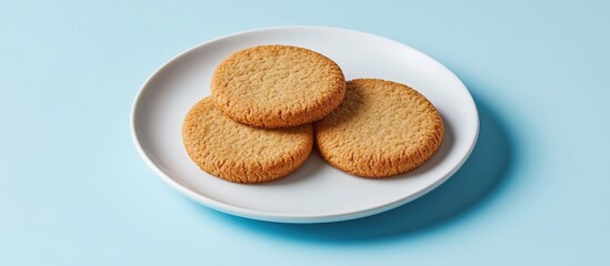 Canvas Print - Honey cookies arranged on a white plate with a light blue background showcasing a delightful dessert presentation.