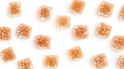 Sticker - Golden sugar-coated gummy nuggets scattered on a clean white background showcasing their texture and vibrant color for food photography.