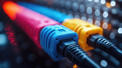 Poster - Colorful computer network cables in focus against a blurred background showcasing technology and connectivity concepts