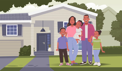 Wall Mural - Happy black family standing on lawn with their house in background. Mom dad daughters and son. Family portrait outdoor. Vector illustration