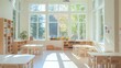 © PRIMPROW - Bright, airy classroom-style room with modular seating, sleek white tables, minimalist decor, and natural light streaming in from big windows