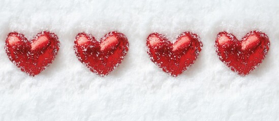 red hearts scattered on pure white snow creating a romantic winter scene symbolizing love and affect