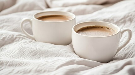 Wall Mural - Two white coffee cups resting on a soft bedspread in morning light with ample copy space for text and branding purposes.