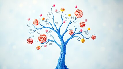 whimsical blue tree adorned with vibrant spiral lollipops and colorful candy balls against a soft, l