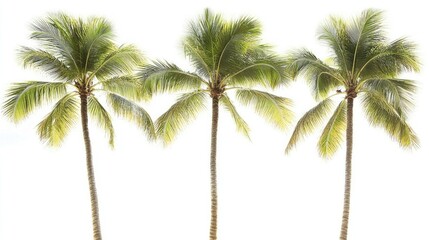 Wall Mural - three lush coconut palm trees with vibrant green fronds isolated on a pure white background showcasi