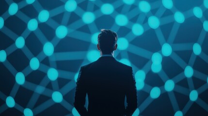 Poster - A silhouette of a person in a suit stands before a network of glowing blue nodes, symbolizing technology, connections, and data.