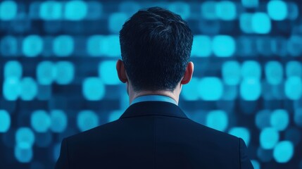 Poster - A man in a suit gazes at a wall of blue lights, conveying a sense of contemplation and connection to technology.
