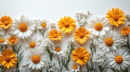 Sticker - Bright white and yellow daisies arranged on a clean white background with ample negative space for text overlay, floral design, nature, botanical, creative, minimalist.