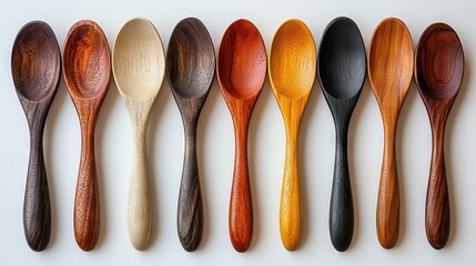 Colorful wooden spoon set arranged in a line against a bright white background, showcasing various wood grains and finishes, kitchenware, cooking tools, crafting, rustic design.