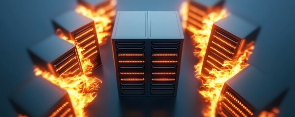 Poster - A futuristic data center with glowing servers surrounded by flames, representing high-tech and intense energy.
