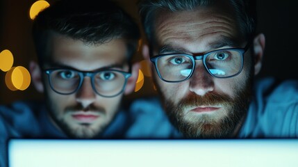 Poster - Two focused individuals in glasses intensely engage with a glowing computer screen, illuminated in a dim environment.