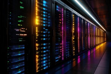 Poster - A vibrant server room showcases rows of illuminated servers, reflecting modern technology and data management.