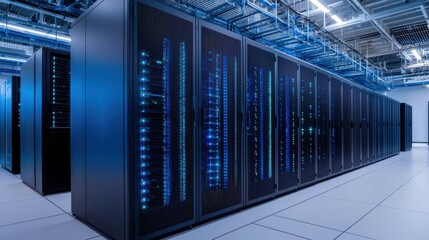 Poster - A modern data center with rows of servers, illuminated by blue lights, showcasing advanced technology in a sleek, organized environment.
