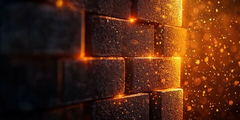 Poster - A close-up view of textured bricks illuminated by warm, glowing light, surrounded by floating particles, creating a dramatic and atmospheric effect.