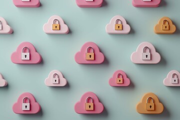 Poster - Cyber insurance and risk management concept. Colorful cloud icons with padlocks symbolize cloud security and data protection.