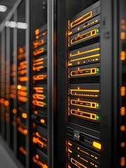 Poster - A close-up view of server racks with glowing orange and green lights, showcasing the technology and infrastructure of data centers.