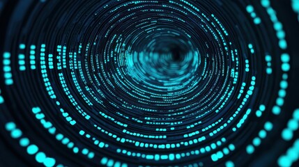 Poster - A mesmerizing tunnel of glowing blue dots spirals inward, creating a sense of depth and movement in a digital, abstract landscape.