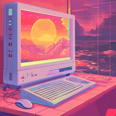 Fototapete - Vintage aesthetic computer desktop page with popup boxes. Vaporwave browser and dialog windows. 80s 90s old style user interface. Nostalgic retro operating system. Vector flat illustration.