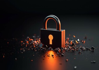 Poster - cyber insurance and risk management concept. a shiny padlock sits among scattered, dark debris, illu