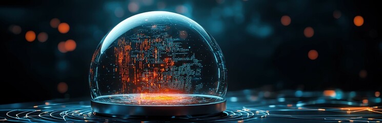 Poster - Cyber insurance and risk management concept. A futuristic glass dome containing glowing binary data, set against a dark, misty backdrop, symbolizes technology and digital innovation.