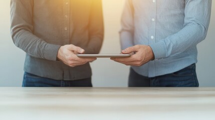 Poster - Two individuals exchanging a tablet device in a bright setting, symbolizing collaboration and technology.