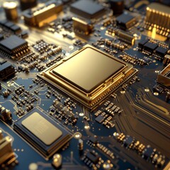 Poster - Technology background with 24k gold CPU and motherboard chipset components. 3D illustration render