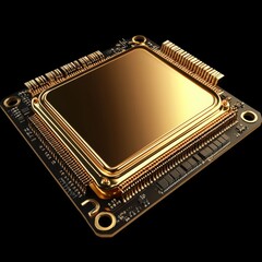 Poster - Technology background with 24k gold CPU and motherboard chipset components. 3D illustration render