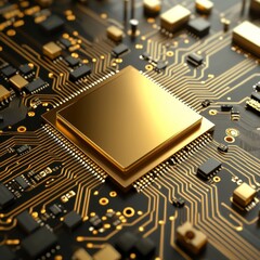 Poster - Technology background with 24k gold CPU and motherboard chipset components. 3D illustration render