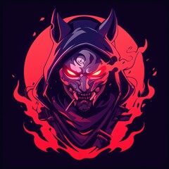  Fiery Oni mask with red background.