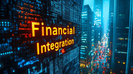 Poster - Cityscape showcasing financial integration with digital data overlay for economic concepts