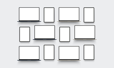 Fototapete - Blue and Gold Laptops With Tablets, Blank Screens, for Display Web-Sites or App Design. Vector Illustration