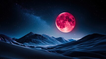 Wall Mural - a wide angle shot of a lunar eclipse over a dramatic landscape, with the partially eclipsed moon cas