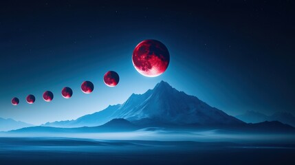 Wall Mural - a composite image of a lunar eclipse, with the various stages of the eclipse arranged circularly aro