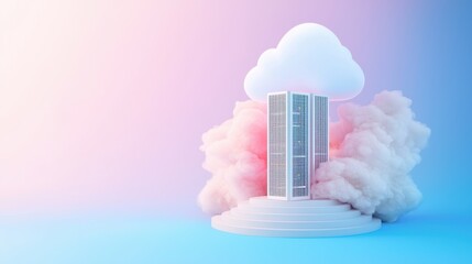 Poster - A server rack icon positioned within a cloud icon, representing cloud based servers and data centers that power cloud computing services.