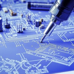 Leinwandbilder - Electronic components and tools on an engineering blueprint for circuit board design.
