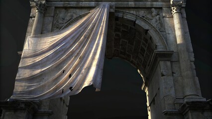 Poster - A beautifully aged veil with signs of wear and tear is shown midrip against a backdrop of an ancient stone arch. Fragments are suspended in the air catching the light as it streams. Cartoon