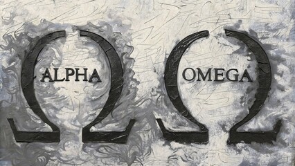 Poster - Abstract Modern Art An abstract composition featuring the Alpha and Omega symbols rendered in bold strokes of a monochromatic color palette. The symbols blend into a chaotic. Cartoon