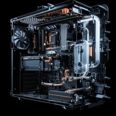 Aufkleber - Detail of the interior of the PC gamer case. Motherboard, CPU water cooling, memory, graphic card and RGB fans