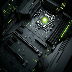 Poster - Detail of the interior of the PC gamer case. Motherboard, CPU water cooling, memory, graphic card and RGB fans