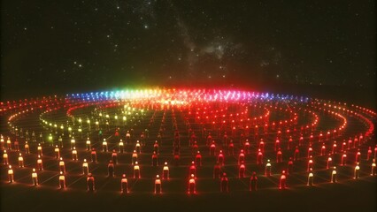 Poster - A celestial expanse filled with radiant circles of light each intertwining to form the shape of a vast intangible choir. The colors shift from deep blues to bright whites creating. Cartoon