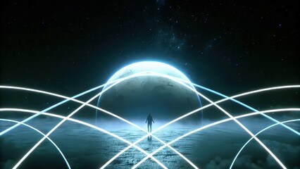 Poster - A celestial body pulsates in deep blues and violets surrounded by a halo of stardust. Threads of light arch toward the foreground weaving through the air and merging into a figure. Cartoon