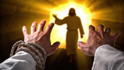 Poster - A closeup of a mans hands reaching toward the light still bound in linen. The background depicts a silhouetted figure radiant and powerful calling with a voice that resonates. Cartoon