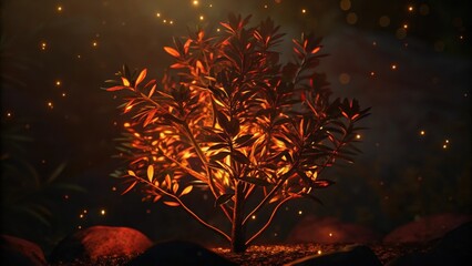 Poster - A closeup of the burning bush showing the intricate details of the leaves illuminated by the flickering flames. The fire dances around the branches casting a warm glow and creating. Cartoon