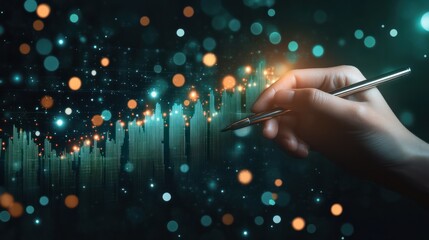 Poster - A person's hand holds a pen, pointing at a bright screen displaying a stock market graph with upward trends in green and blue tones.