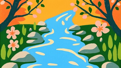 Poster - A crystalclear river cascades over smooth rocks creating gentle rapids that sparkle in the ambient light. On either side blossoming flora enhances the beauty with colorful petals. Cartoon