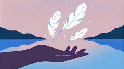 Poster - A delicate hand adorned with shimmering feathers glides downward through a sky filled with soft pastel colors. Each feather catches the light casting a gentle glow on a tranquil. Cartoon