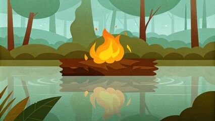 Poster - A fierce bush of bright flames stands on the edge of a still forest pond the fire reflected beautifully in the glasslike water. The tranquil landscape around adds to the scenes. Cartoon