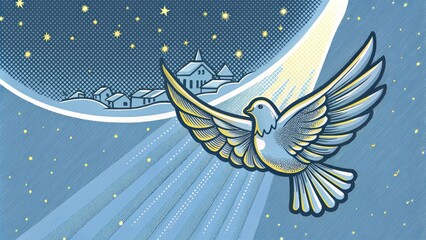Poster - Against a backdrop of starry night sky a dove glides gracefully through the air its feathers illuminated by a celestial light. Below the silhouette of a quiet village is faintly. Cartoon