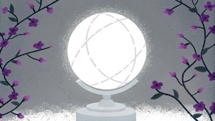 Poster - A gently glowing globe resting on a pedestal of intertwined branches and flowers symbolizing the beauty of life. The globe radiates soft white light illuminating the petals around. Cartoon