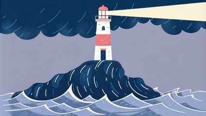 Poster - A grand lighthouse perched upon a rocky outcrop stands tall against an ominous dark sky. The light pulses steadily illuminating the rough waters below where the waves crash. Cartoon